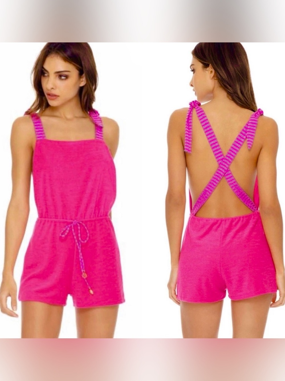 Luli Fama Glow Baby Glow Pink Terry Criss-Cross Back Tie Romper